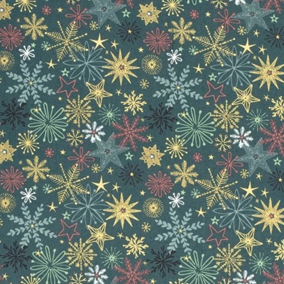 .100% Cotton Print em72223 Christmas Stars Petrol - 1m or 0.5m