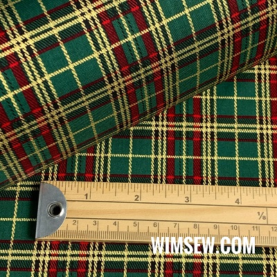 100% Cotton Print em737greengold - 1m or 0.5m (metallic tartan gold lines with green BG)