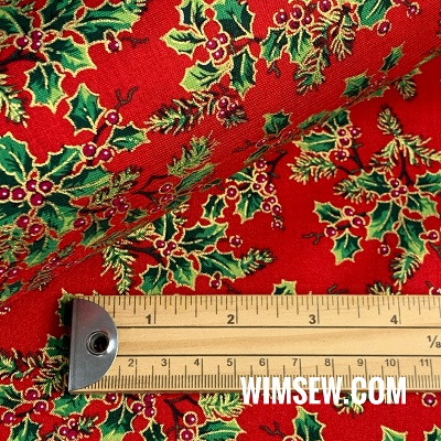 100% Cotton Print em894 Red BG Medim Holly Pattern - 1m or 0.5m